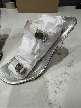 Stuart Weitzman Silver Clear Strap Slide Heels